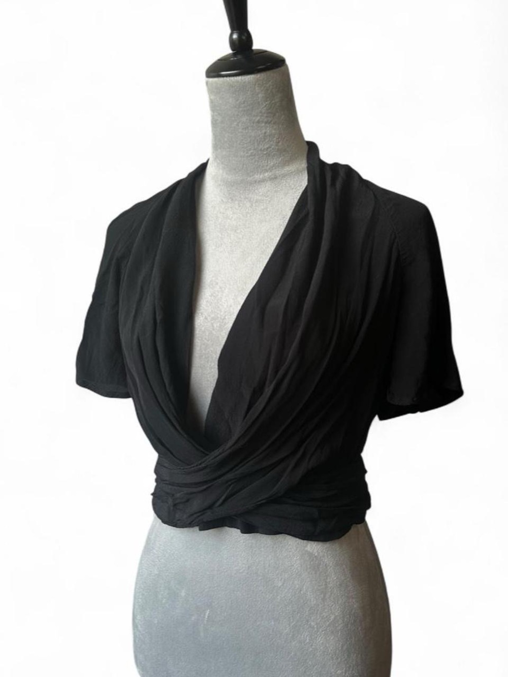 Express Black Deep V-Neck Surplice Drape Front Wrap Crop Top Short Sleeve